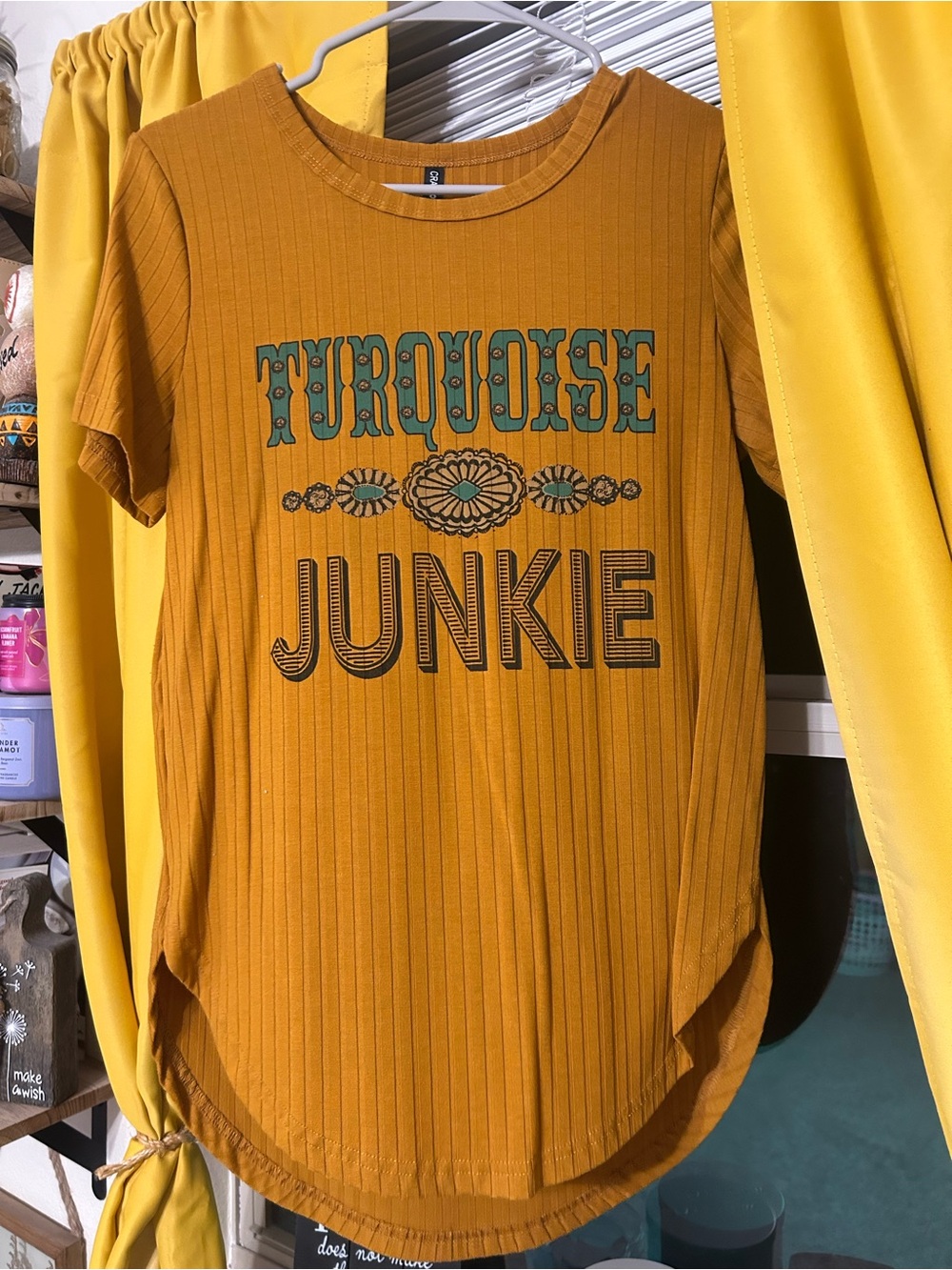 Crazy Train Mustard Ribbed Short Sleeve Tee with Turquoise Graphic
